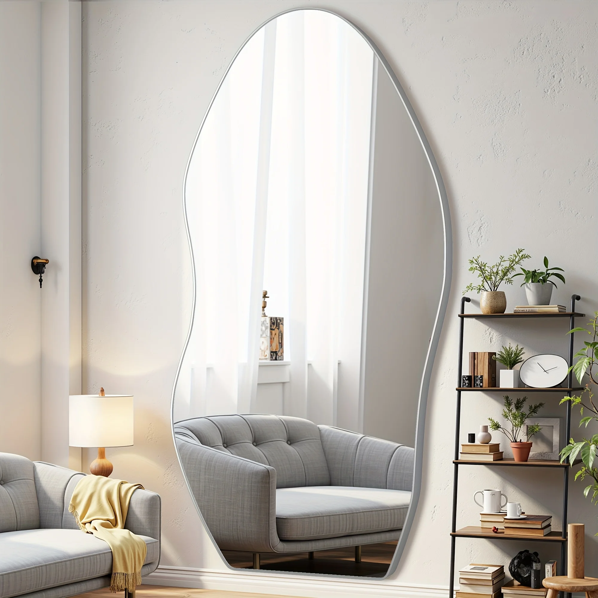 Full-Length Floor Mirror with Wavy Silhouette – 76×36 in or 81×41 in Adjustable Height Stand, Brushed Metallic Frame & Clear Tempered Glass Surface for Bedroom, Living Room or Entryway Decor view 5