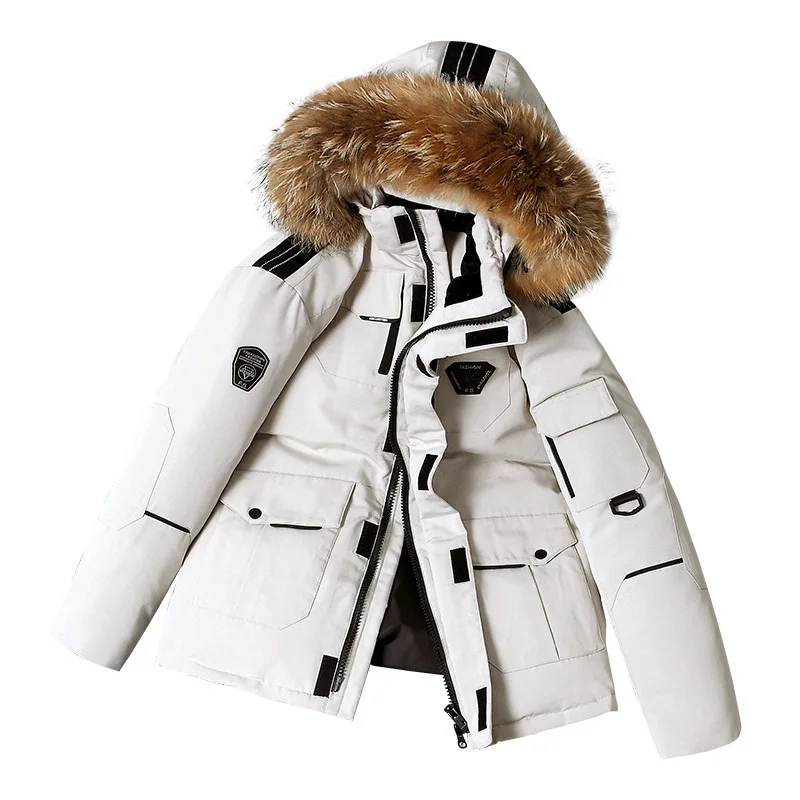 

2025 New Men's Down Jacket, Winter Thickened with Fur Hood, Korean Style Workwear, Men's Warm Cotton Coat
