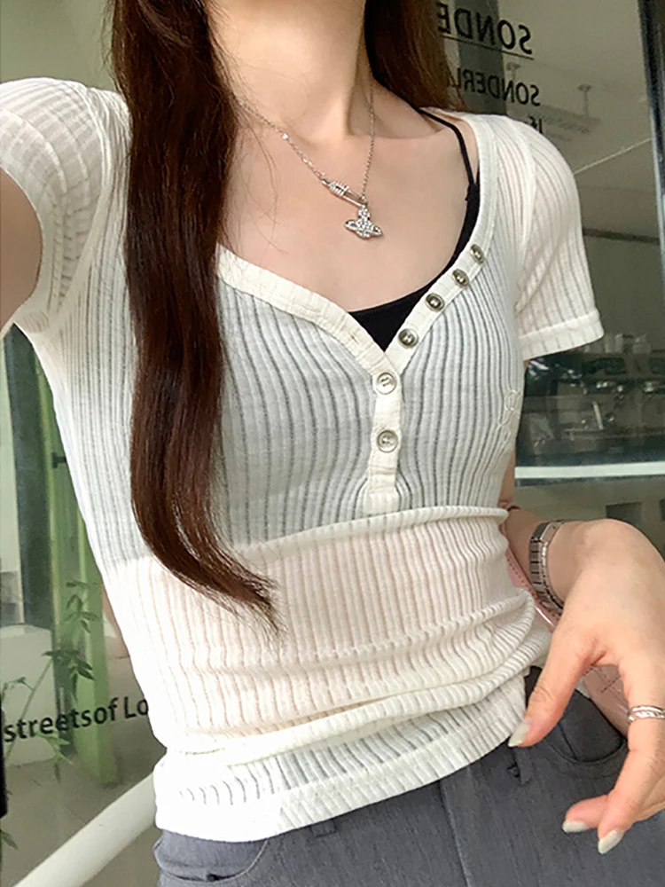 

Kniited Short Sleeve T-shirts Women Korean Black Sexy Slim V Neck Tshirts Summer Thin Knit T Shirt Woman Basic Ladies Clothes