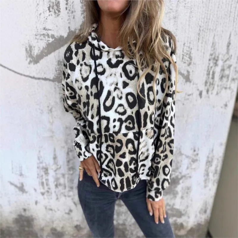 Women\'s Long Sleeved Print Hoodie Autumn Fashion Street Hip-hop Leopard Print Hoodie Pocket Streetwear Lady Casual Pullover Tops