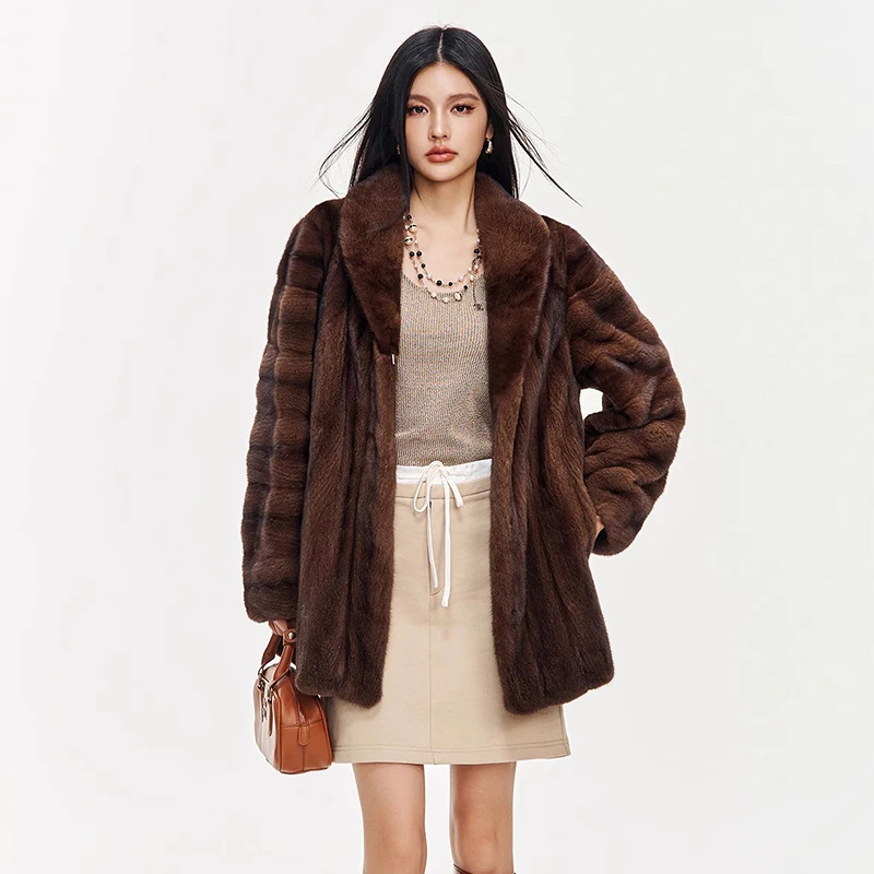 Ftangaiur Winter Import Velvet Mink Fur Coat Turn-Down Collar Mink Coat Women New Medium  Natural Real Mink Fur Coats