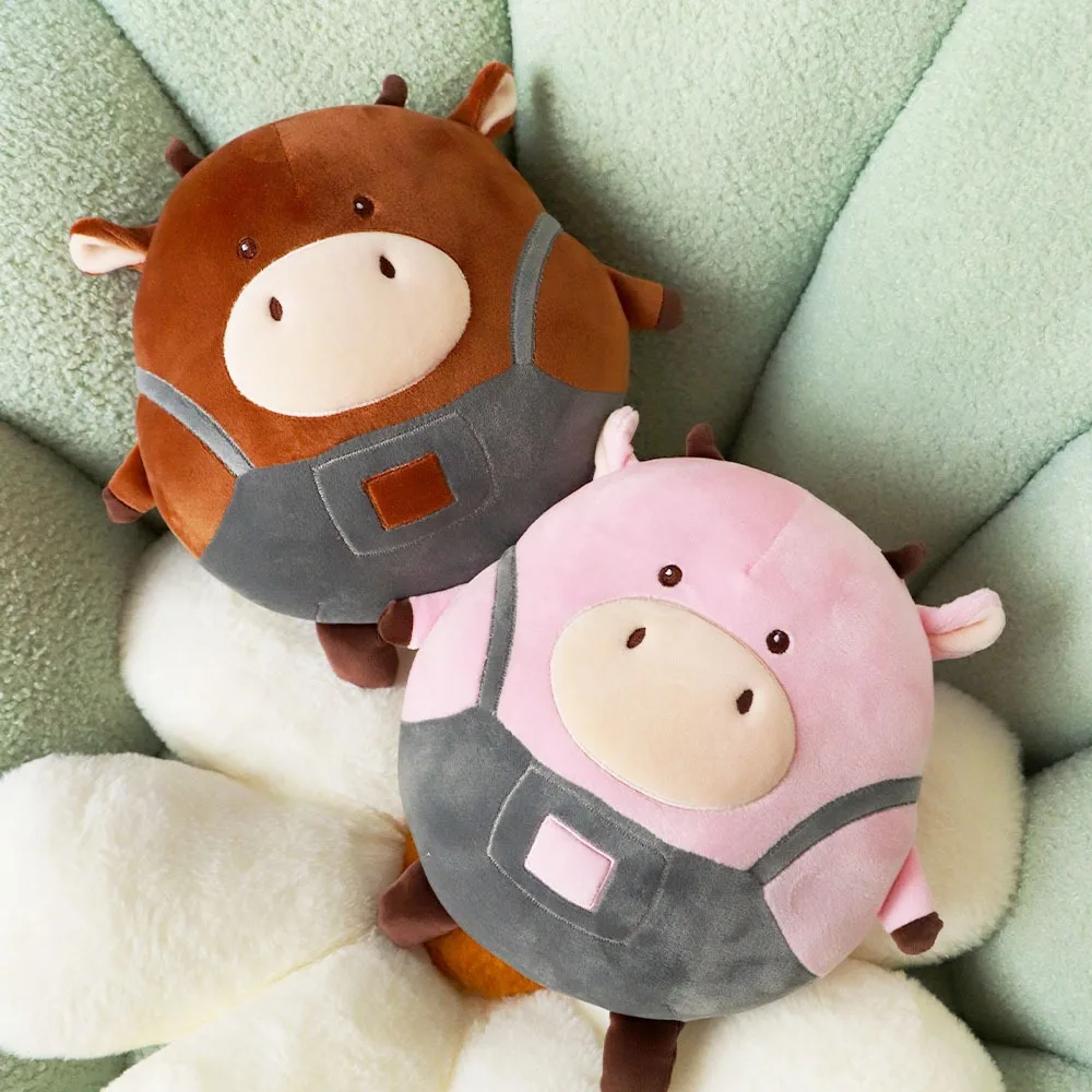 Cute Round Cow Plush Toy Brown Pink Cattle Stuffed Doll Soft Farm Animal Pillow Overalls Cattle Toy Birthday Gift for Boys Girls