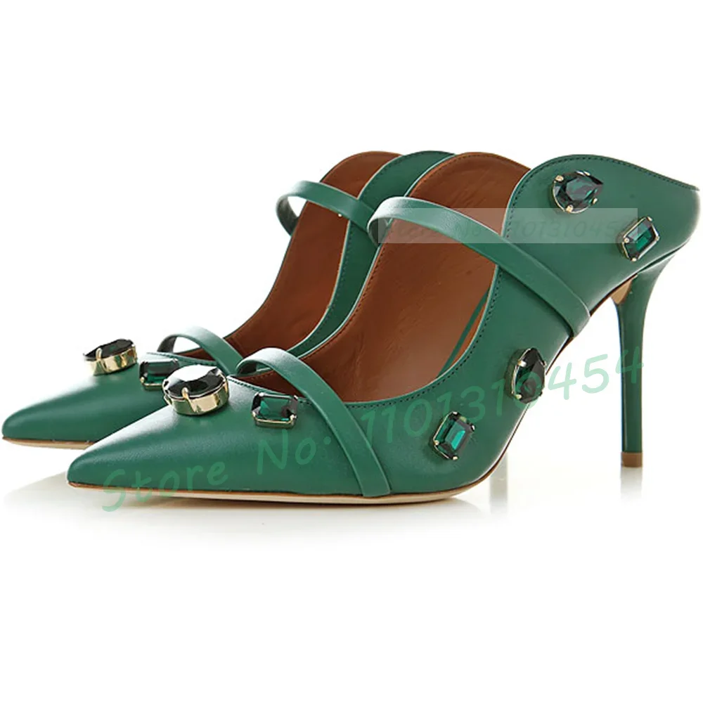 

Green Jewel High Heels Mules Women Pointed Toe Thin Strap Luxury Crystal Leather Shoes Summer White Wedding Bare Heel Sandals
