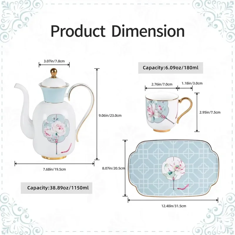 Adults Oriental Design Durable China Set Lead-free Cadmium-free Ceramic Cup Saucer Teapot Coffee Cups Tray Gift Box