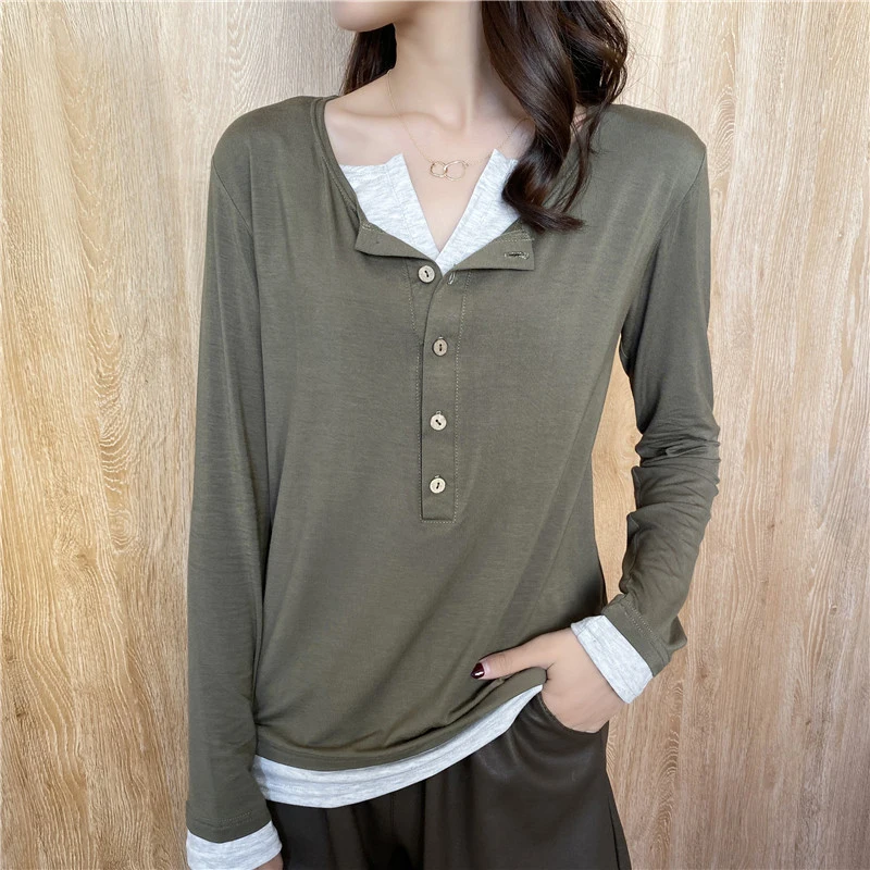 Maternity Long Sleeve Fake 2 Pieces T-Shirt Long Sleeve Casual Nursing Clothes Solid Color Breastfeeding Clothes Pregnancy