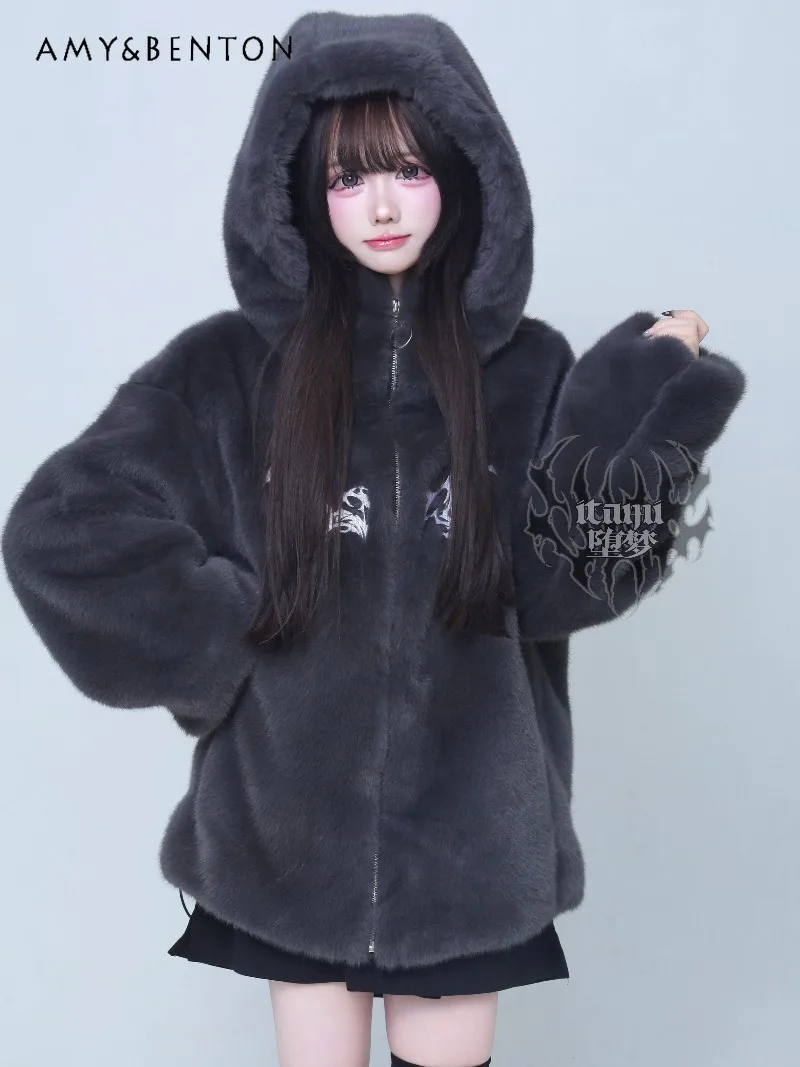 

Original Dark Gothic Mass-Produced Eco-Friendly Fur Coat Japanese Subculture Punk Style Embroidered Hooded Thickened Coat Women