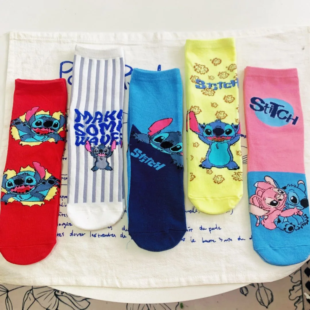 1/3/4/5 Pairs of Stitch Cartoon Cute Knitted Mid-Calf Socks Unisex
