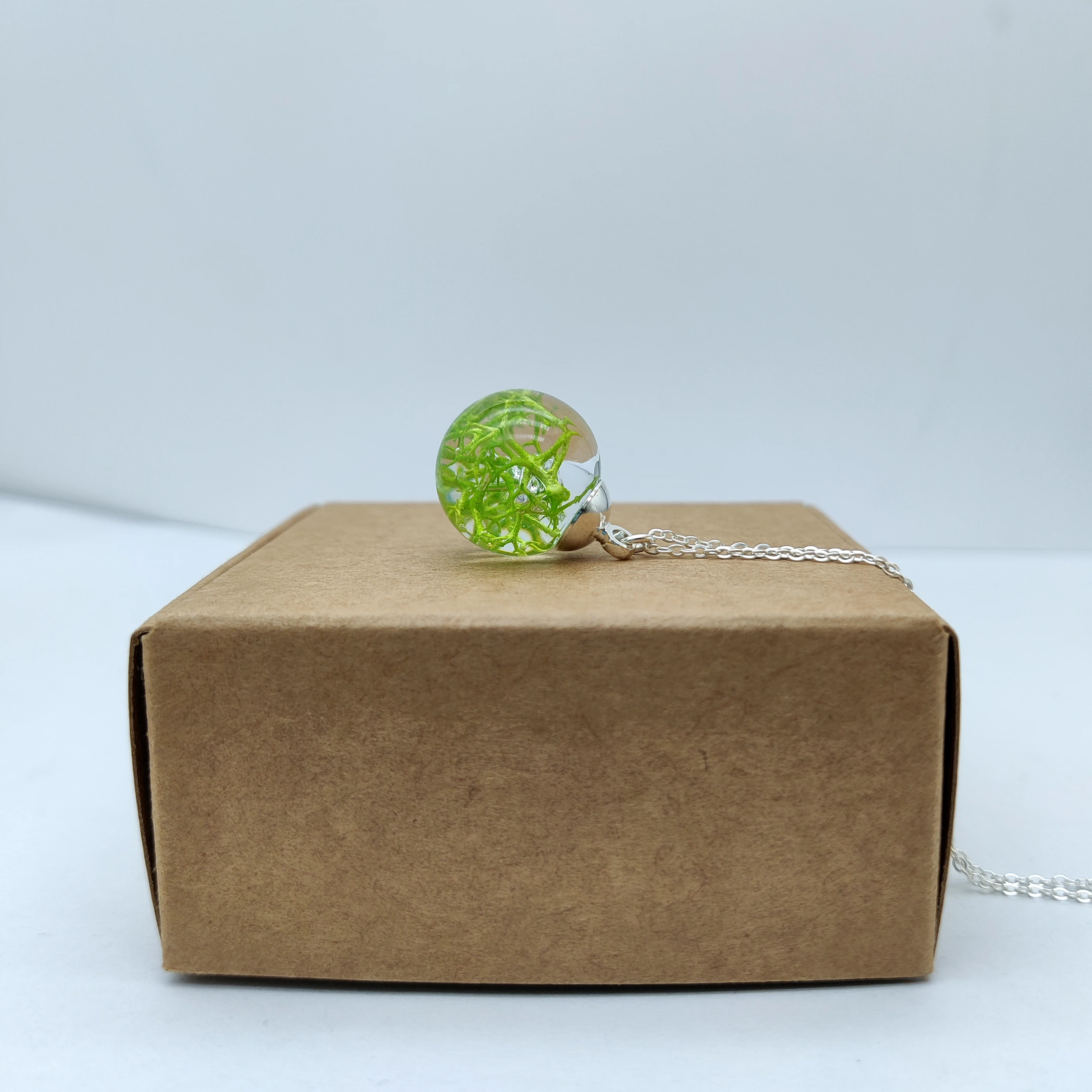 Green Moss Resin Glass Ball Pendant Sterling Silver Color Chain Necklace Women Choker Boho Fashion Jewelry Bohemian Handmade