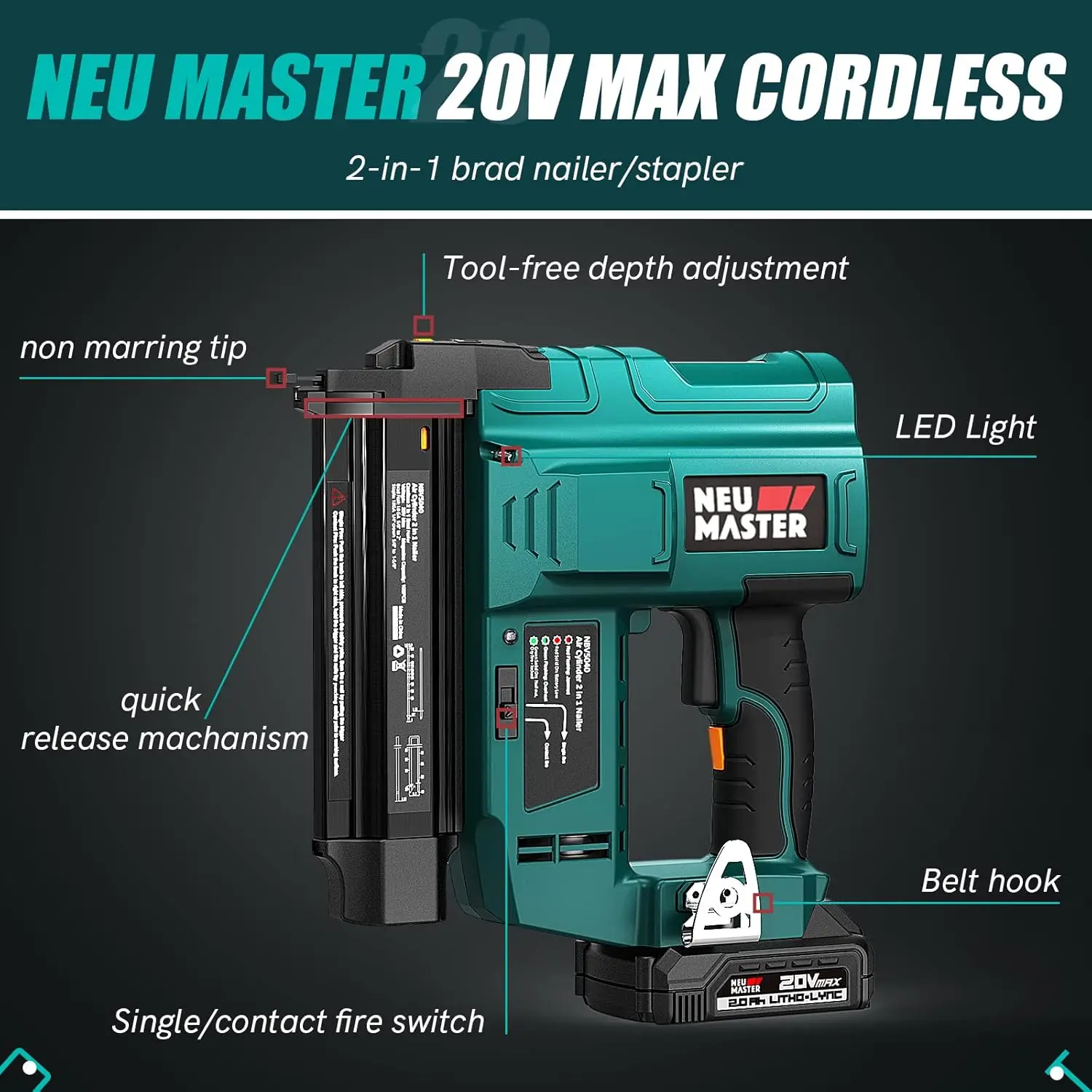 แบตเตอรี่ Master NAIL Gun, 18 Gauge 2 in 1ปืนตอกตะปู/ลวดเย็บกระดาษไร้สายพร้อมแบตเตอรี่ Li-ion 2.0Ah ตะปู1000ชิ้นและ50ชิ้น