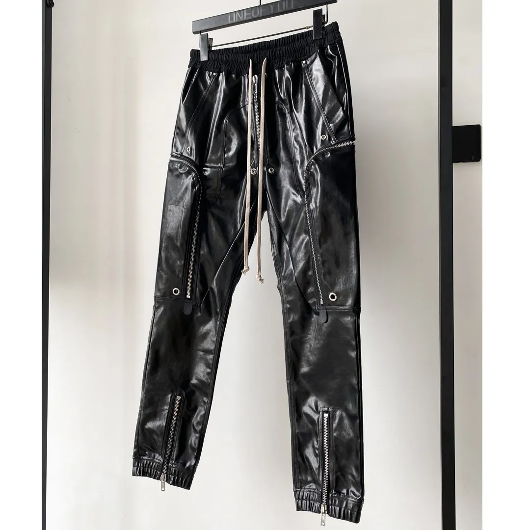High Street RO Style Pants Men's Dark Wax Coated Multi Zipper Work Motorcycle Slim Fit Shiny Shell Pants
