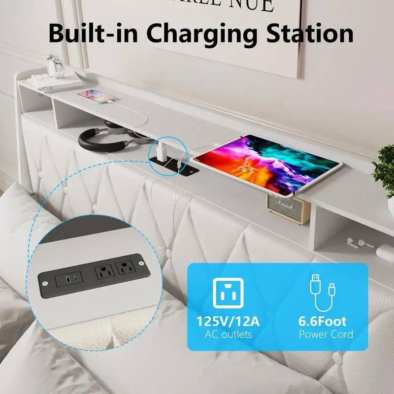 인체공학적 헤드보드가 있는 풀 사이즈 침대 프레임, 플랫폼 디자인, 내장형 콘센트 및 충전기, 수납 선반, 소음 없음, 박스 없음