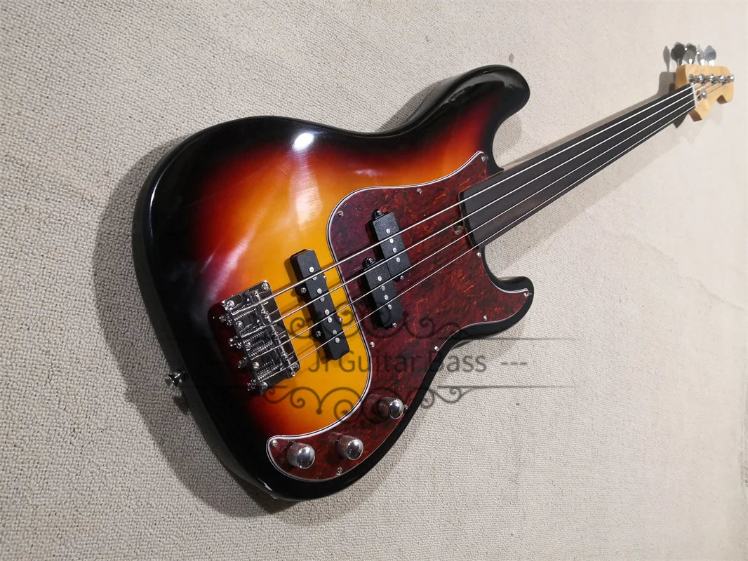 Fretless Bass Guitar 4 Strings Sunburst Bass Basswood Body Red tortoiseshell Pickguard  Fixed Bridge Chrome Tuners