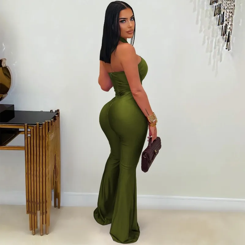 KEXU Fashion Women's Solid Color Halter Neck Wide Leg Jumpsuit Off Shoulder Sexy Cut Out Party Playsuit One Piece Suit Rompers