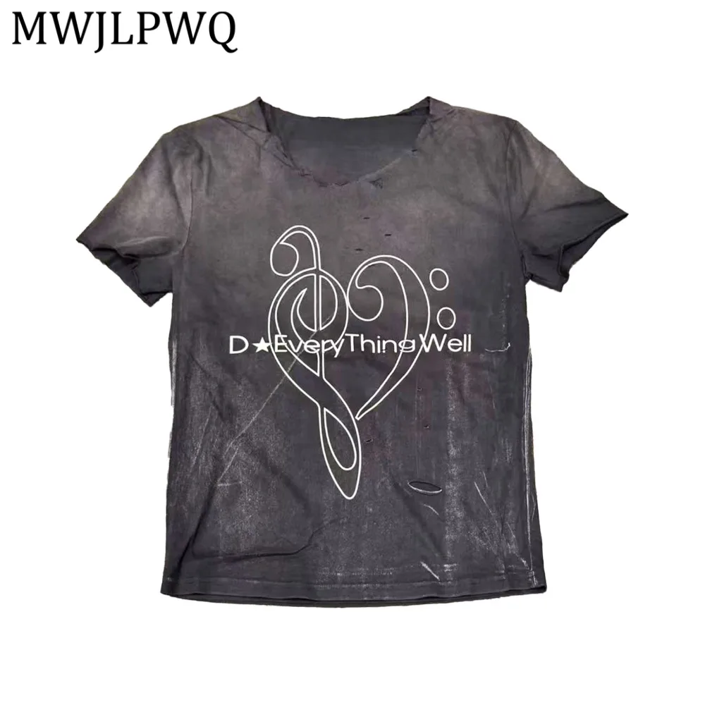

MWJLPWQ Heavy-Duty Washed Distressed Irregular T-Shirt For Men Street Style Short-Sleeve Round Collar Hiphop Unisex Tops 15505