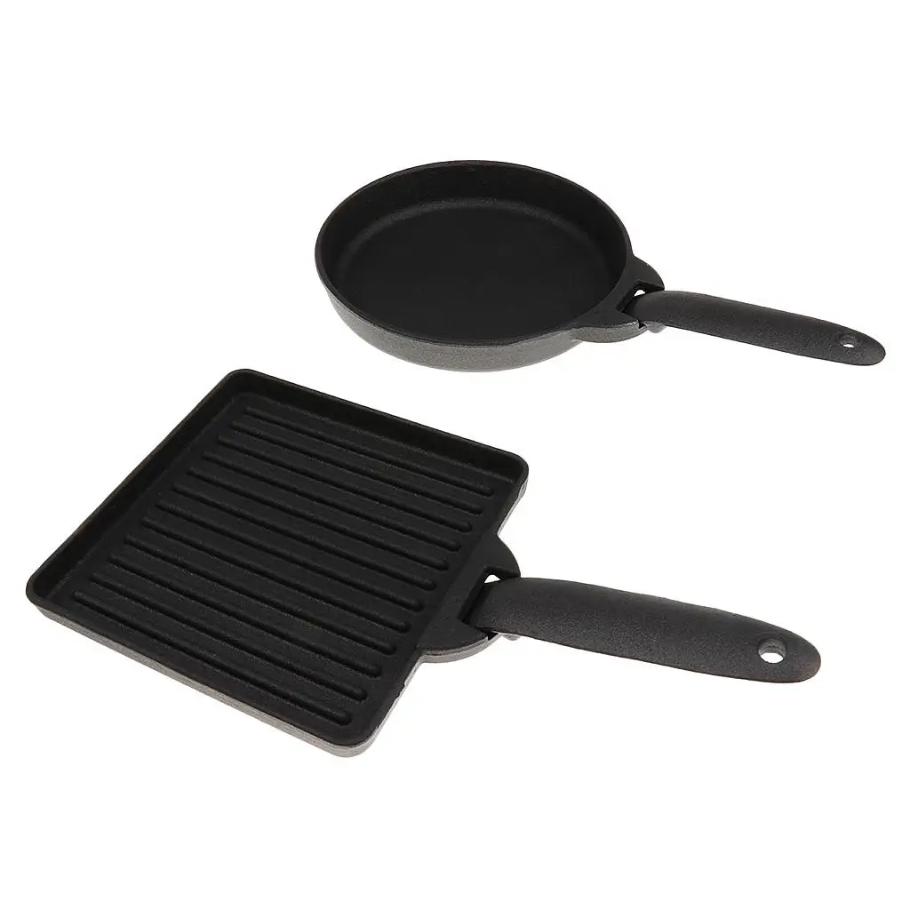 Lightweight 2-Piece Square & Round Cast Iron Skillet/ Fry Pan Set with Storage Bag Camping Picnic Fishing Outdoor