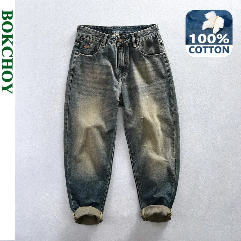 

Spring Autumn New 100% Cotton Casual Washed Jeans Men Clothing Retro Loose Straight Men Trousers K5913