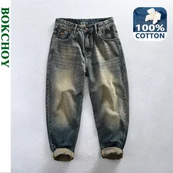 Spring Autumn New 100% Cotton Casual Washed Jeans Men Clothing Retro Loose Straight Men Trousers K5913