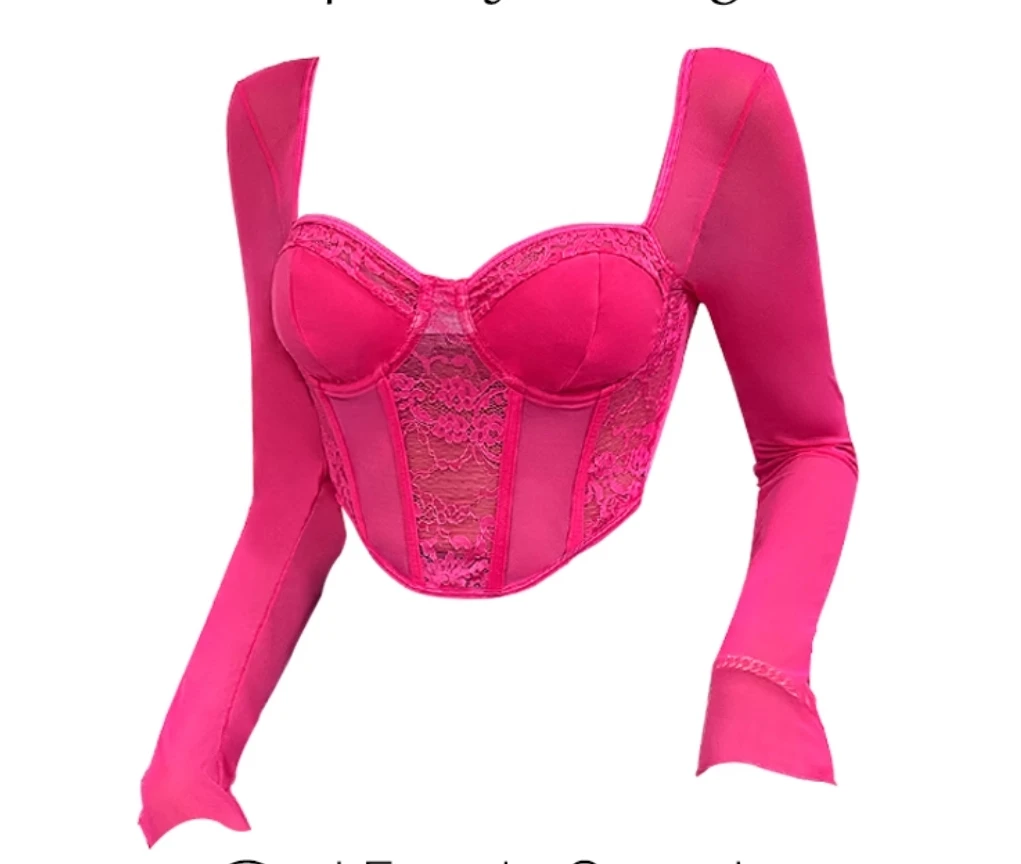 

Sweet and spicy tops for women 2024 new popular European and American mesh slim fit hot girls sexy short fishbone long-sleeved T