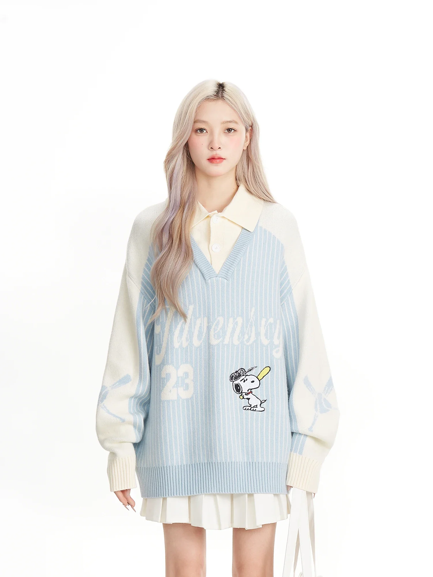 Stripe Snoopy Sweater Female Autumn Winter 2Pieces Knitted Sweater Leisure Loose Jacket Hoodie Couple Suit Clothes Birthday Gift