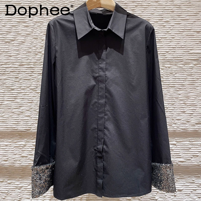 

Men's Shirts 2025 Early Autumn New Mid-Length Sequin Lapel Long Sleeve Loose Comfort Tops Male Long Sleeve Solid Color Shirts