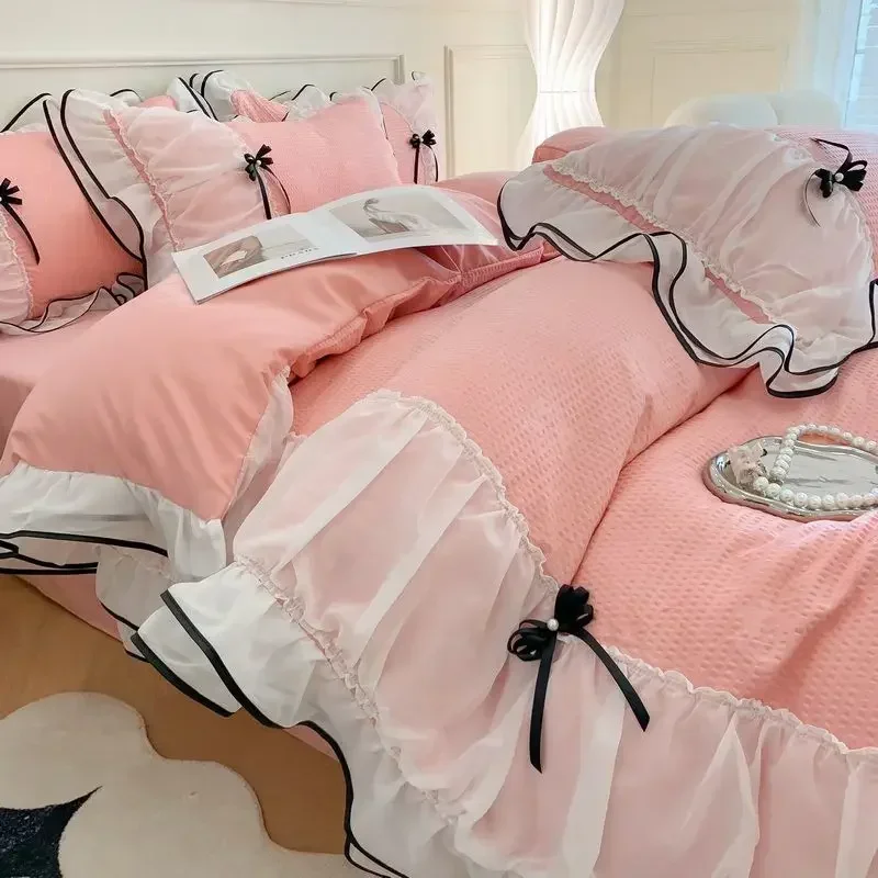 

Korean Seersucker Bedding Set Princess Girls Lace Ruffled Bow Duvet Cover Double Bed Sheets Washed Cotton Twin Queen Quilt Cover