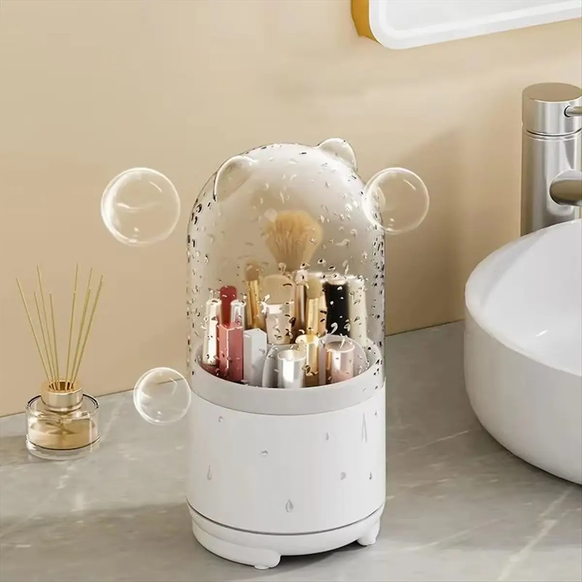 &A11I 360-Degree Rotating Makeup Brush Holder with Dustproof Lid, Large Capacity Cosmetic Storage Organizer Pink