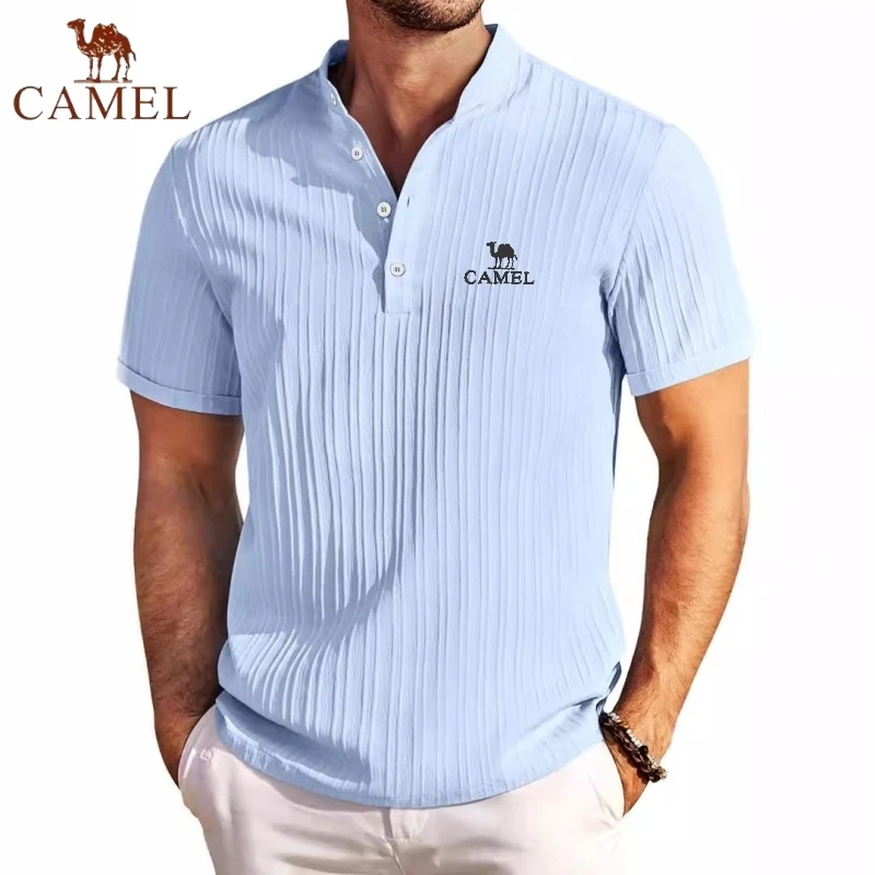 High End Embroidered CAMEL Cotton and Linen Striped Henry Polo Shirt, New Summer Men\'s Retro Fashion Casual Short Sleeved Top