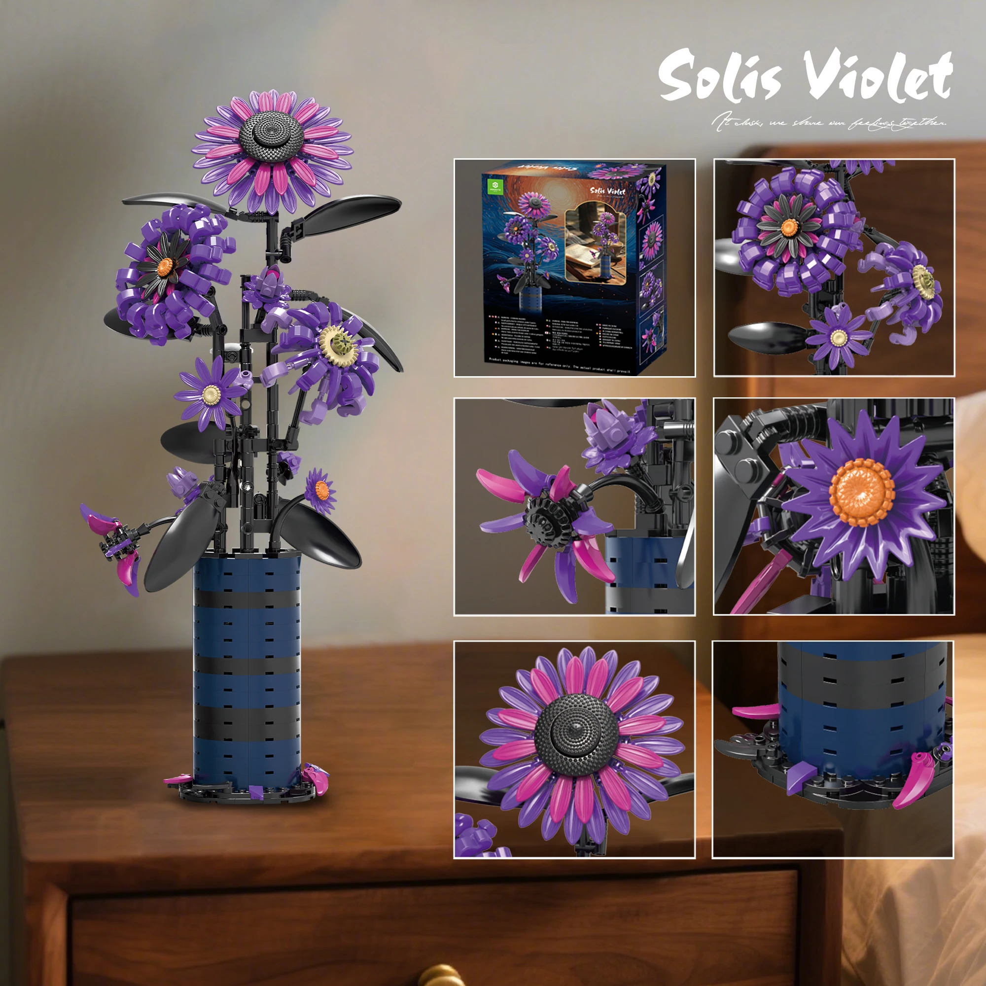 جديد عباد الشمس بنة مجموعة زهرة الأرجواني مع زهرية باقة اصطناعية الطوب أطقم منمذجة للنساء فتاة الكبار هدايا عيد الميلاد #5