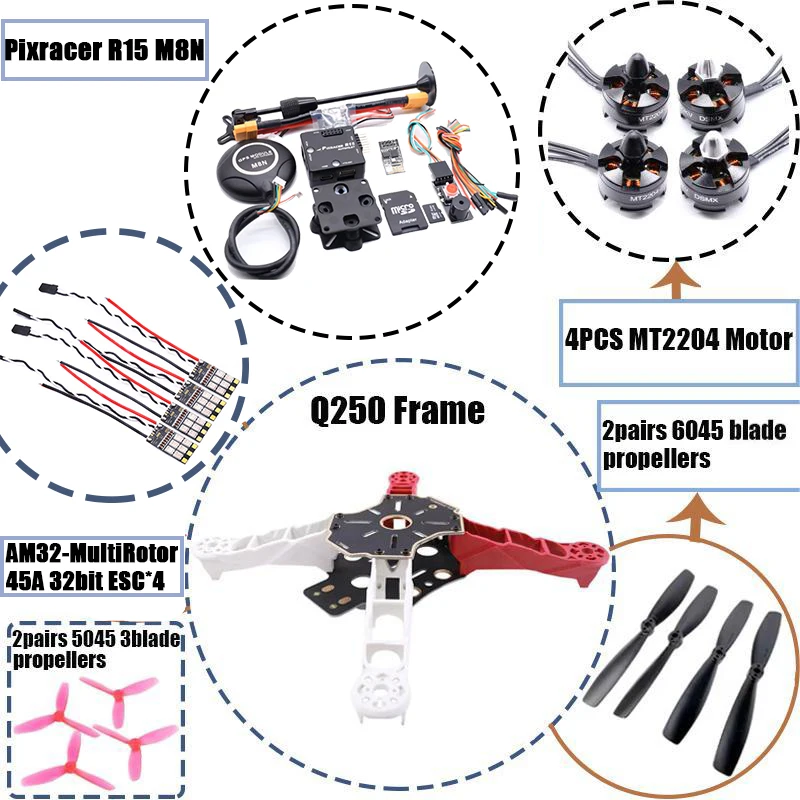 Angeltoy Q250 Frame Kit Pixracer R15 Flight Controller Ardupilot Quadcopter BLHELI 20A ESC 2204kv Motor