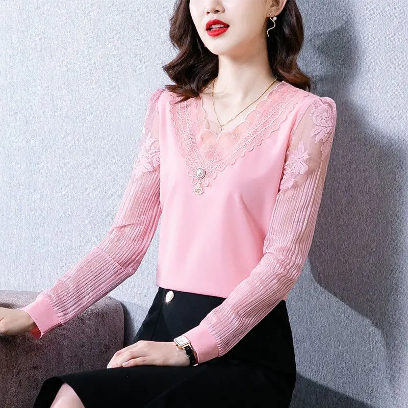 Women's 2024 Spring Autumn New Fashion Elegant Solid Color Lace V-neck Long Sleeved Pullover Bottom Loose T-shirts Chiffon Tops