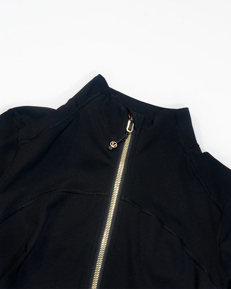 Neue Damen Slim Fit Sportjacke mit Goldreißverschluss, atmungsaktiv, schnelltrocknend, Stehkragen-Stil, Daumenloch-Design, Sportjacke – Detail 22