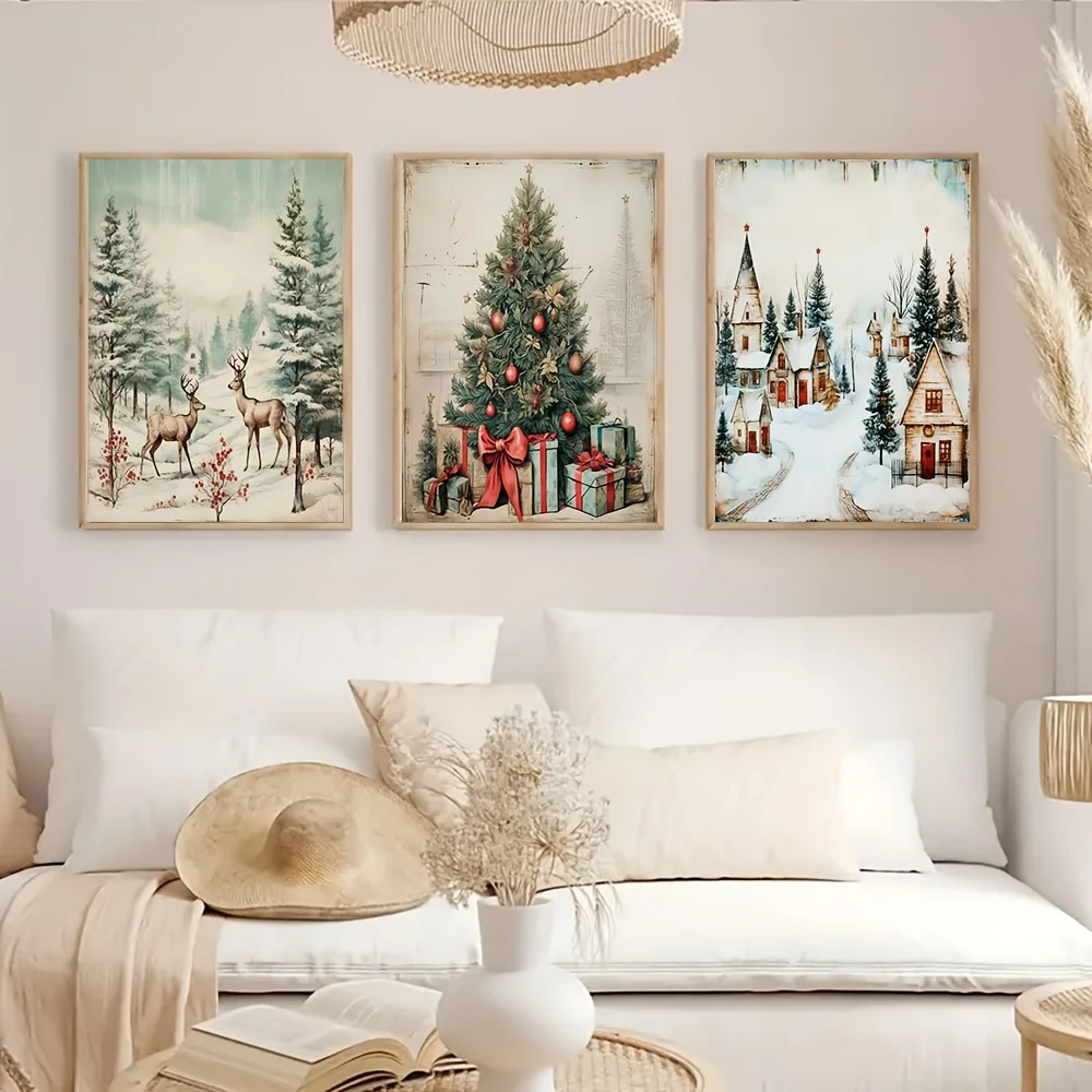 3PCS Frameless,Set of 3 Vintage Christmas Wall Art Posters - Winter land Animals (Deer & Cedar) with Minimalist Bohemian Rustic