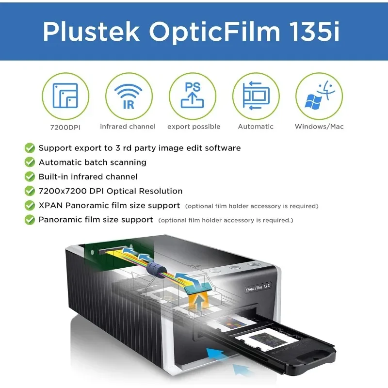 135i - Automatic Film & Slide Scanner, Batch converts 35mm Slides & Film Negatives, Support 3rd Party Editing Software Export