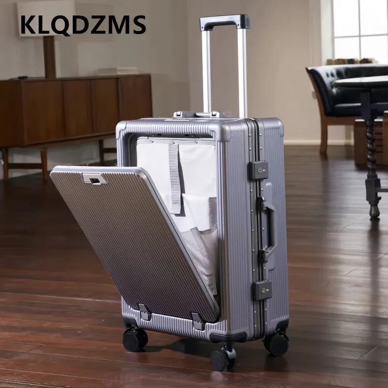 KLQDZMS New 20"24 Inch Suitcase Front Opening Laptop Boarding Case USB Charging Aluminum Frame Trolley Case Rolling Luggage