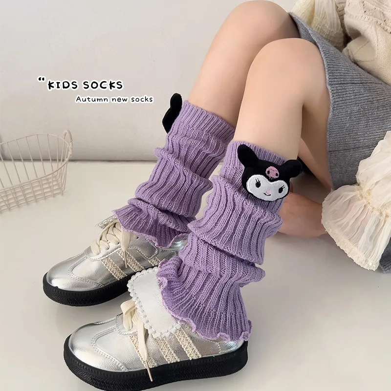 Kuromi Girl Leg Warmers Autumn Winter Japanese Y2K Cinnamoroll Lolita Black Knee Warmers Long Socks Jk Knitted White Leg Warmer