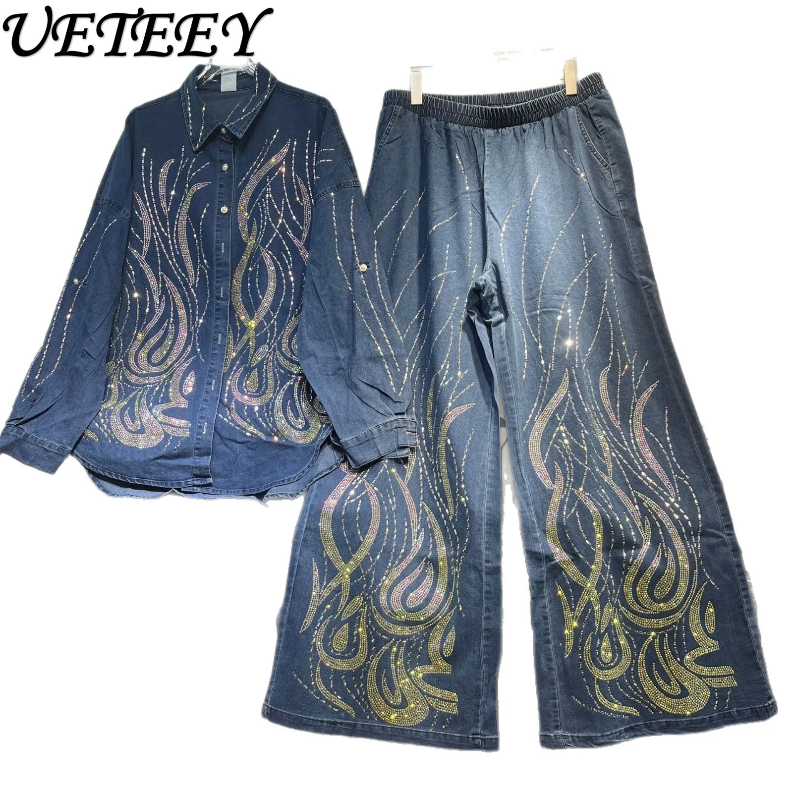 

2025 Autumn New Denim Shirt for Women Heavy Craft Design Rhinestone Loose Slimming Blouse Jean Jacket Wide-Leg Pants 2-Piece Set