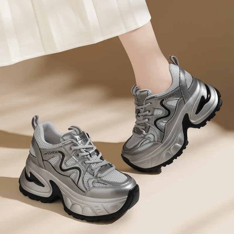 

Leather Comfortable Dad Shoes Women's Spring Autumn New Style Versatile Thick Bottom Lightweight Mesh Casual Sports Shoes