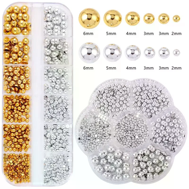 12Grids Mixed Semi-circular Pearl Gold And Silver Nail Charms Nail Decor Manicure Nail Salon Accessories
