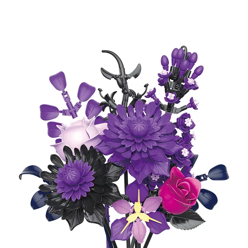 Creatieve Paarse Bloem Zwart Gouden Roos Boeket Bouwstenen Thuis Bureau Plant Decoratie Monteer Bakstenen Speelgoed Cadeau Voor Meisjes