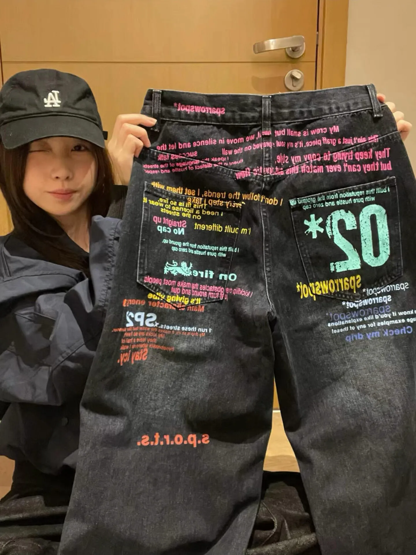 

American Streetwear fiti Print Jeans Straight Leg Men's Women's High Street Wide Leg Pants Workwear Casual Trousers