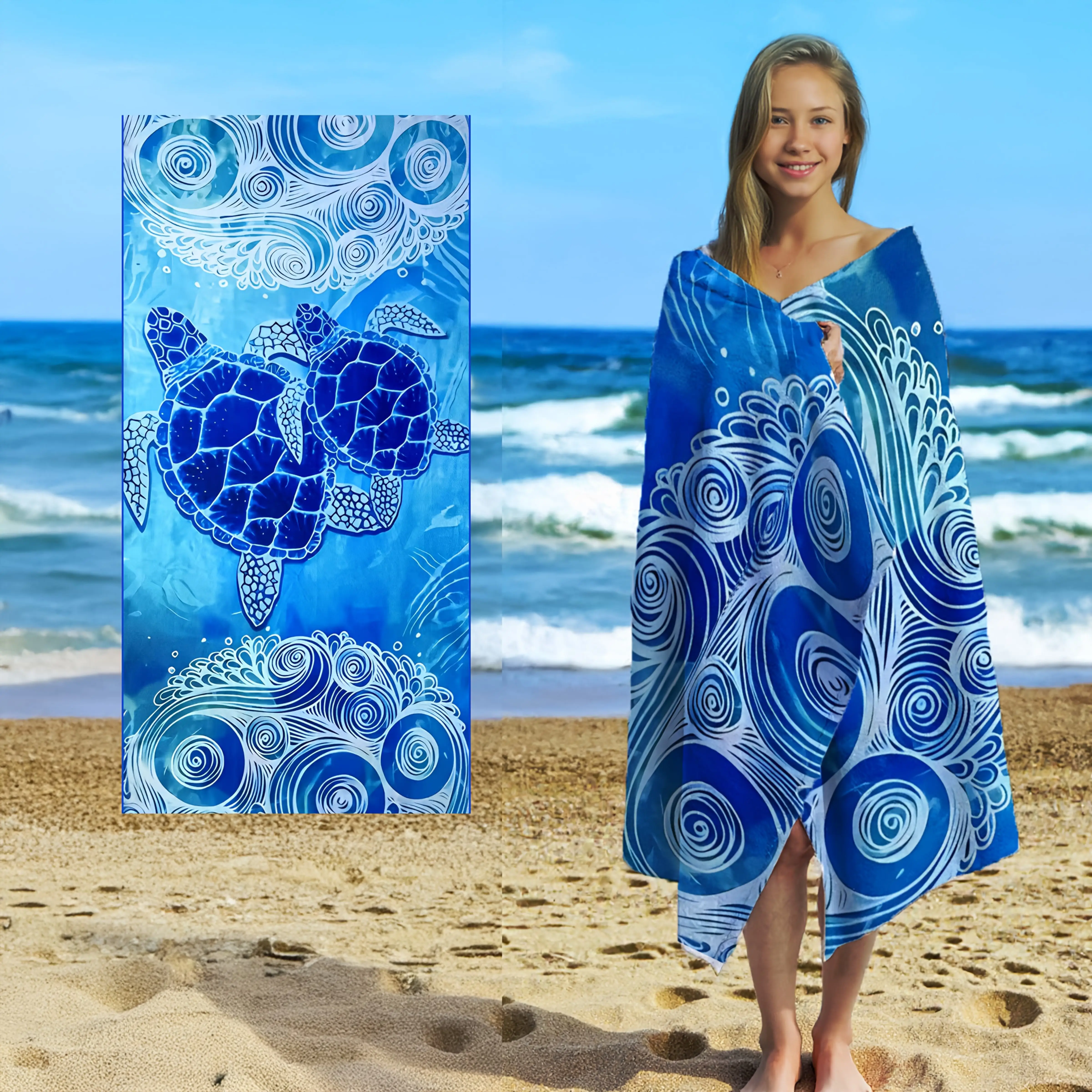Blue Dolphin Striped Print Beach Towel Summer Ocean Quick Dry Towel for Beach Swimming Pool Travel Camping Gym Daily Outdoor Use