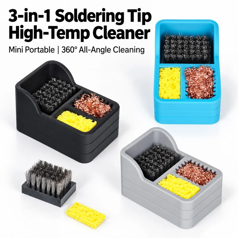 3 IN 1 Soldering Iron Tips Cleaning BOX Steel Brush Sponge Copper Wire 3 Clean Modes Welding Head Tin Slag Remove Cleaner Tool