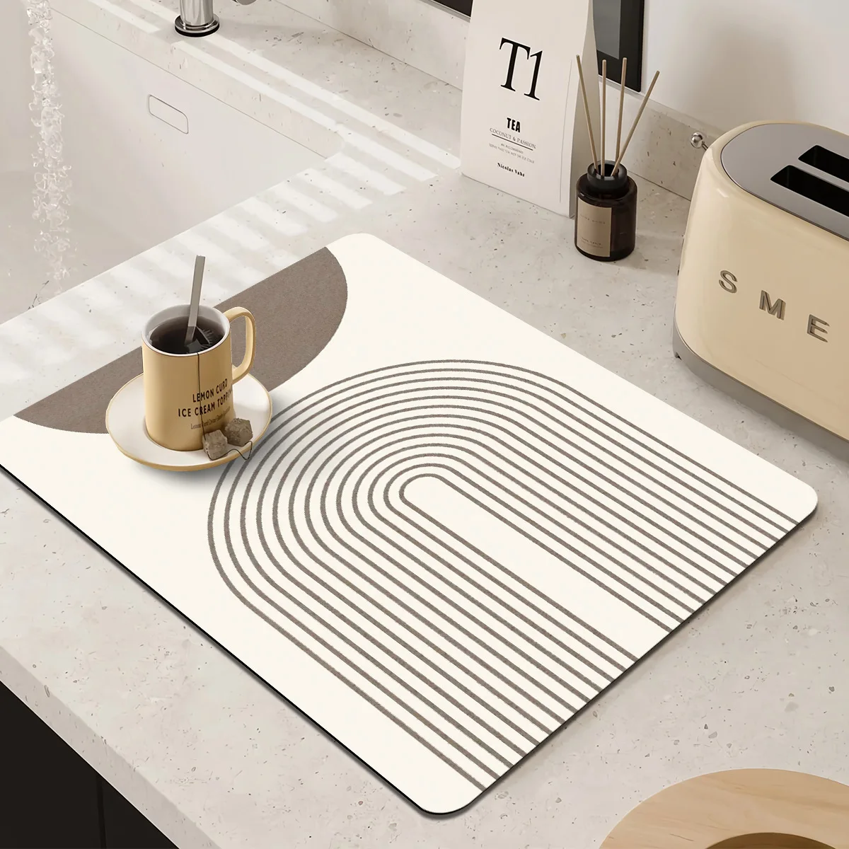 Plaid Dish Drying Mat Black White Check with Colorful Hearts Print for Cheerful Kitchen