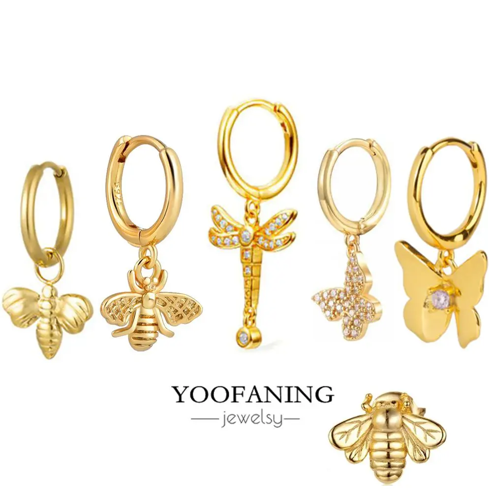 

YUXINTOME 925 Sterling Silver Ear Needle Animal Pendant Earring Butterflies and Ladybug Hoop Earring Fashion Metal Jewelry Gift