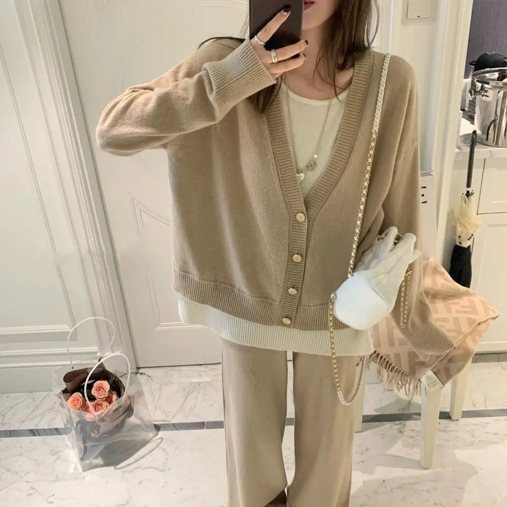 

Korean Style Women's Long-Sleeved Cardigan 205 Knitwear Large Size Fat Mm Retro Contrasting Color Lazy Niche Top for Autumn