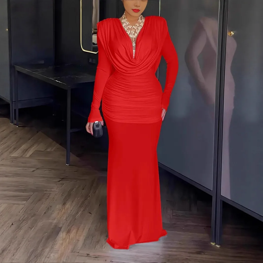 2026 Women Rhinestone Decor Halter Cold Shoulder Long Sleeve Bodycon Dress Hollow Water Drop Evening Dress Black Outfits