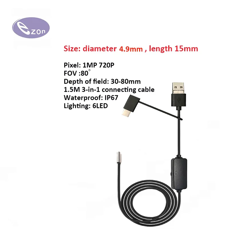 1MP USB endoscope, 4.9mm diameter, 80° field of view, IP67 waterproof, 3-in-1 cable, industrial endoscope.