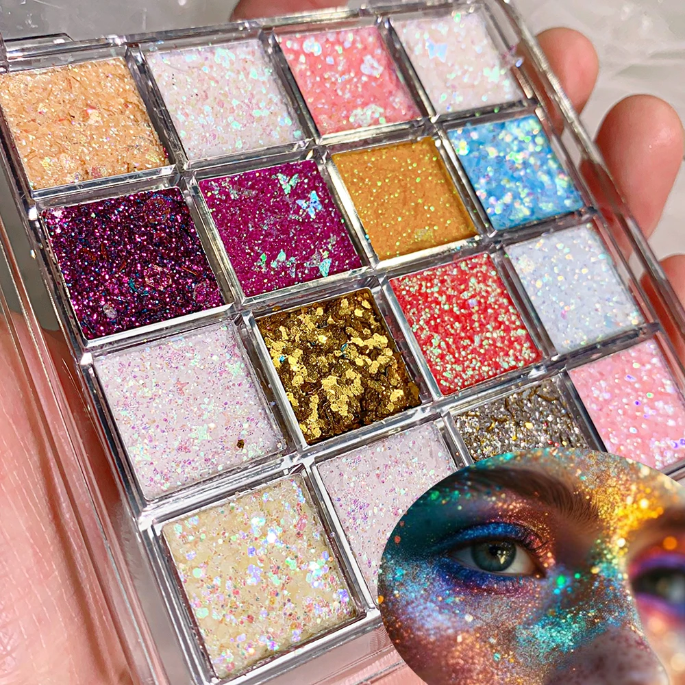 16 ألوان كاملة الترتر مسمار الفن بريق ظلال العيون لوحة تمييز رقائق حساسة بيرليسسينت لامعة عيون الجسم الصباغ ماكياج
