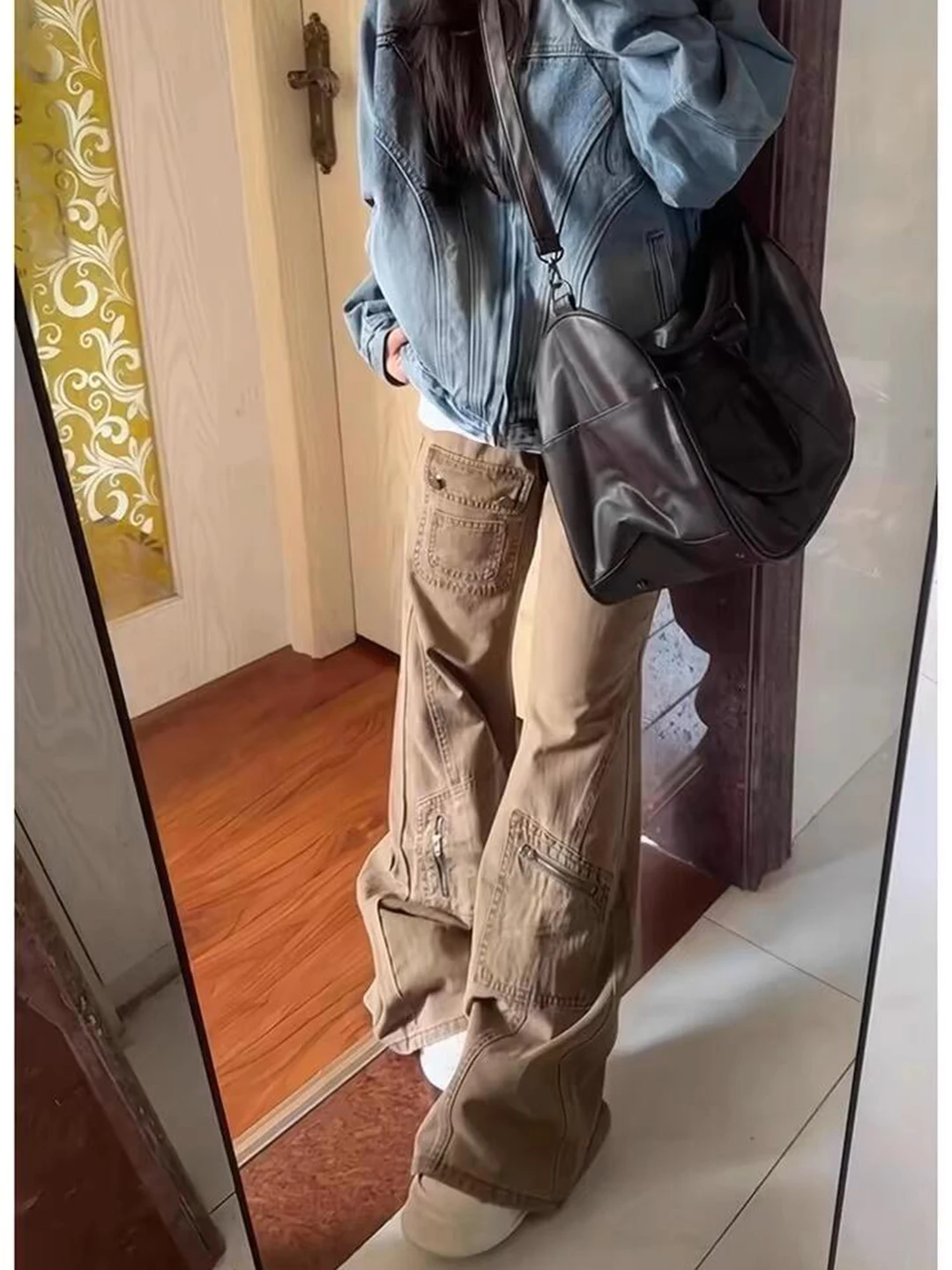 

Khaki Workwear Wide Leg Denim Jeans Men Women Autumn American High Street Multi ket Cleanfit Flared Pants Ladies Jeans