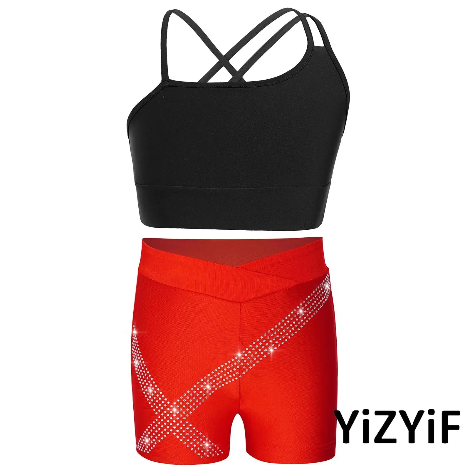 Girls Gymnastics Ballet Dance Outfit Set Asymmetrical Spaghetti Straps Sleeveless Crop Vest Top with V Front Rhinestone Shorts